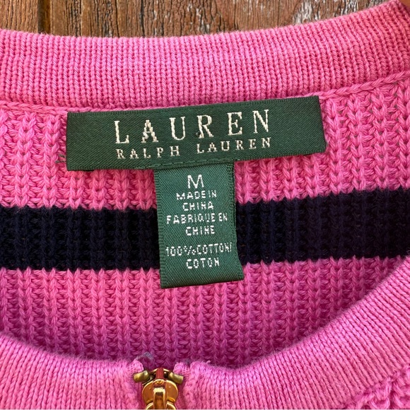 Ralph Lauren Women’s Pink Black Striped Full Zip Sweater Cardigan Size Medium - Picture 8 of 10